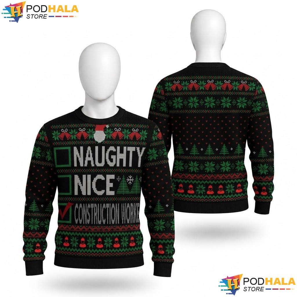 Construction Worker Naughty Nice Ugly Christmas Sweater List Top