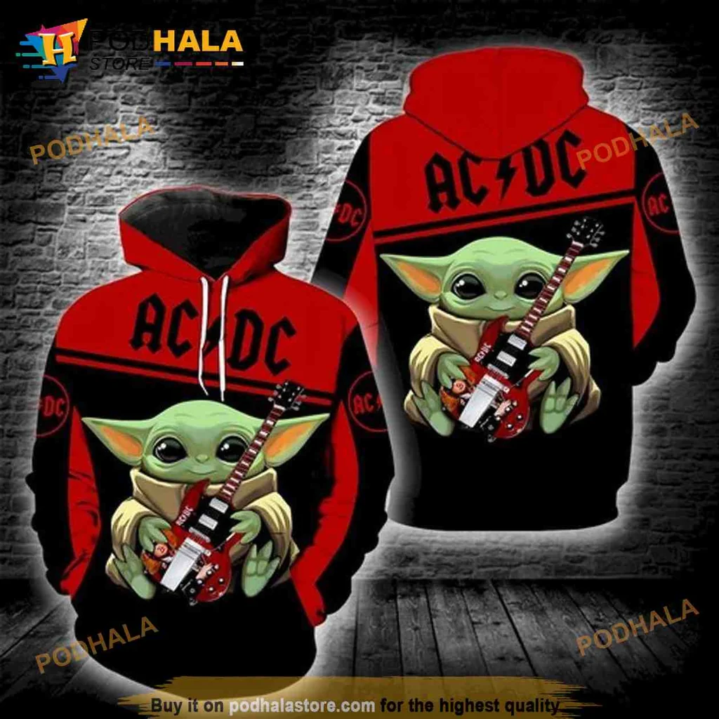 Cool Baby Yoda Ac Dc 3d Hoodie With Electric Guitar Graphic