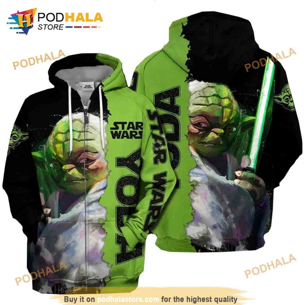 Cool Baby Yoda Lightsaber 3d Hoodie With Vibrant Green Background
