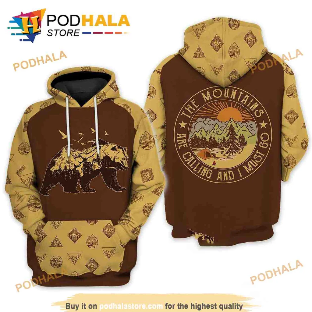 Cool Bear Camping 3d Hoodie, The Mountains Are Calling Design