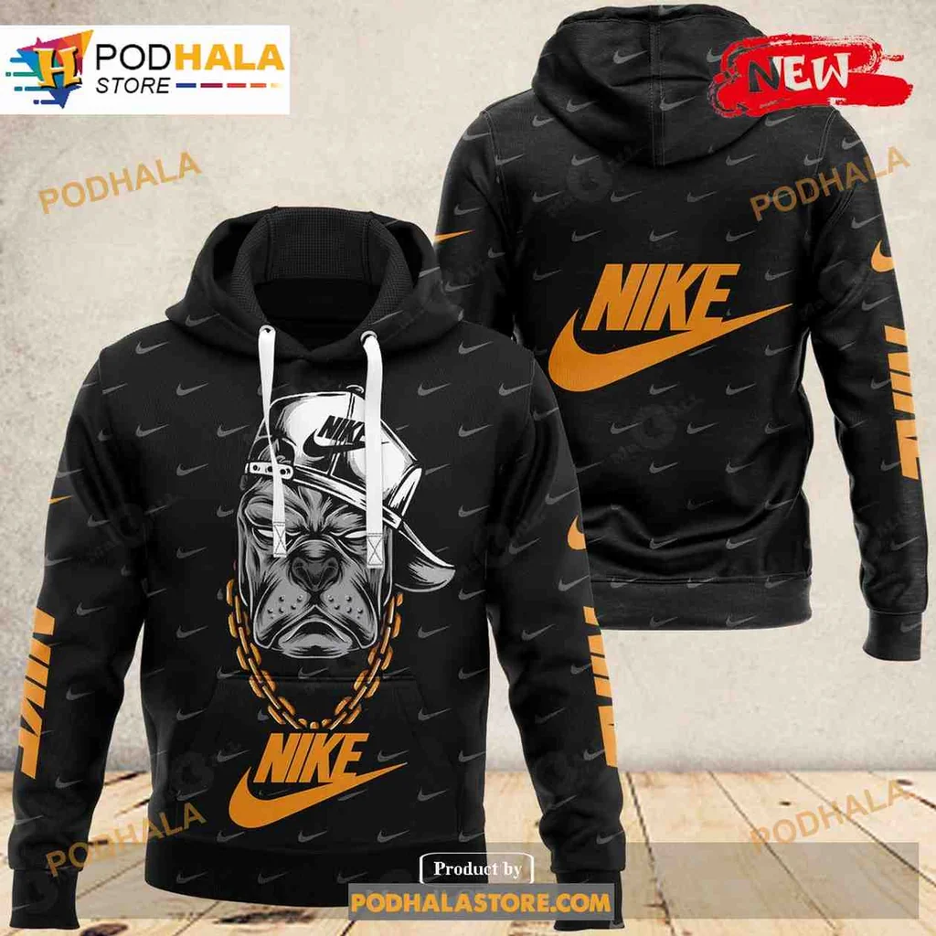 Cool Bulldog 3d Hoodie With Gold Chain And Orange Nike Logo