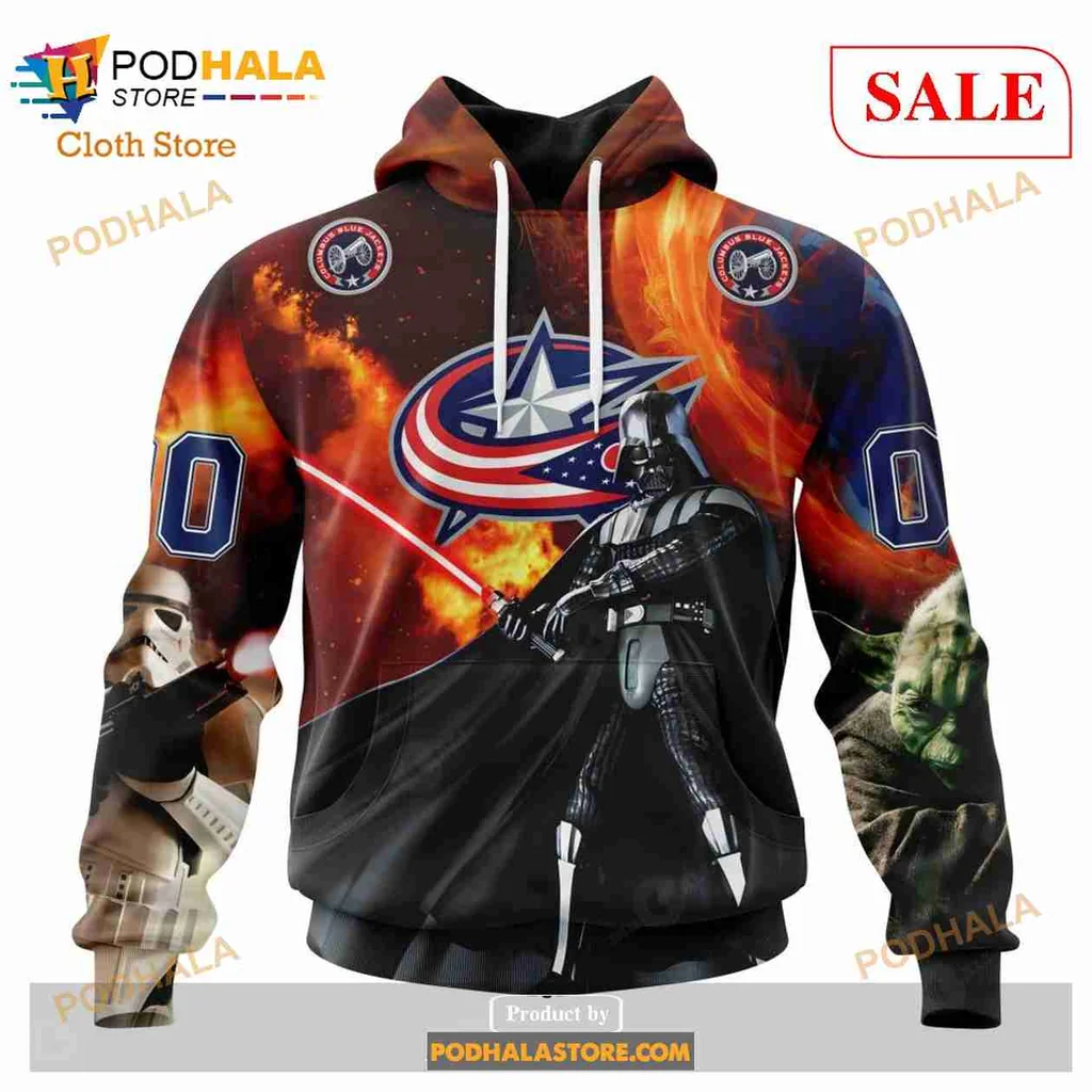 Cool Columbus Blue Jackets Star Wars Hoodie Featuring Darth Vader And Flames