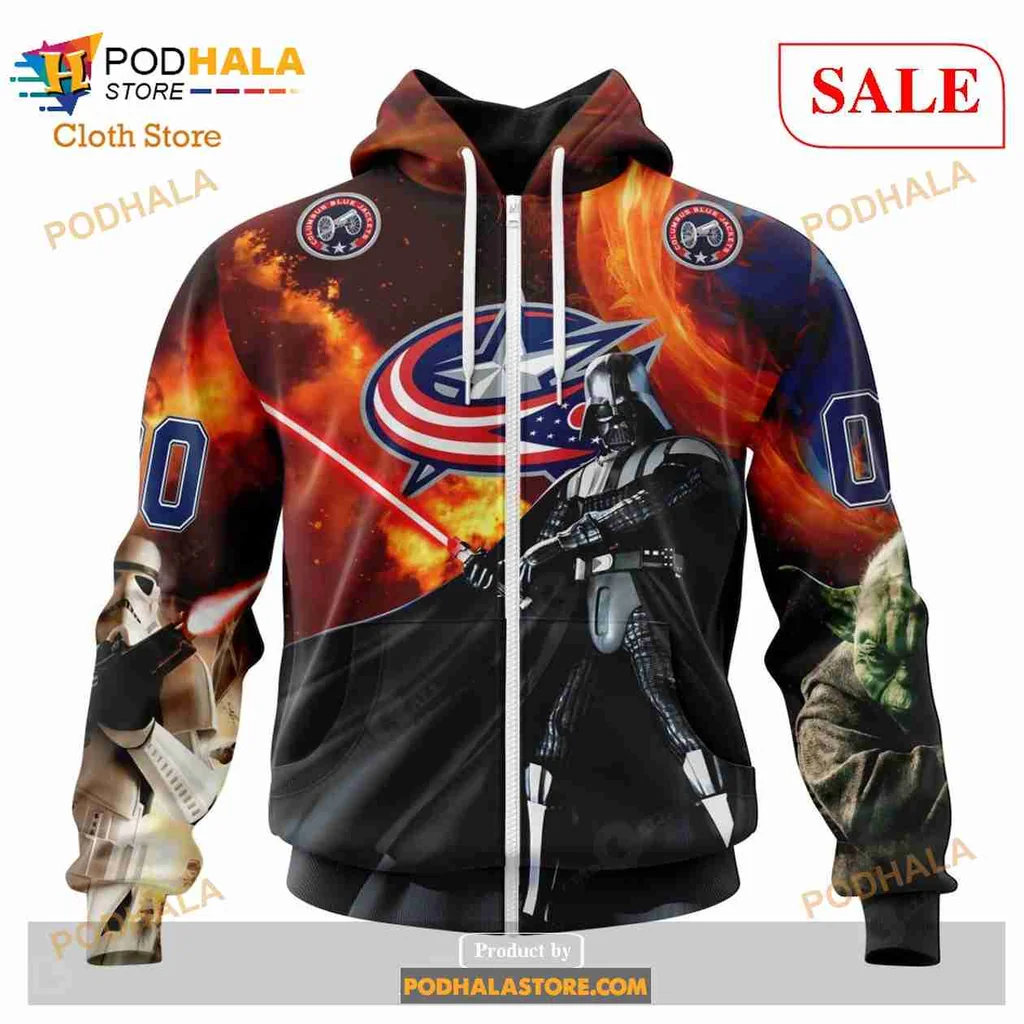 Cool Columbus Blue Jackets Star Wars Hoodie Featuring Darth Vader And Flames - View 1 Cool Columbus Blue Jackets Star Wars Hoodie Featuring Darth Vader And Flames - View 1