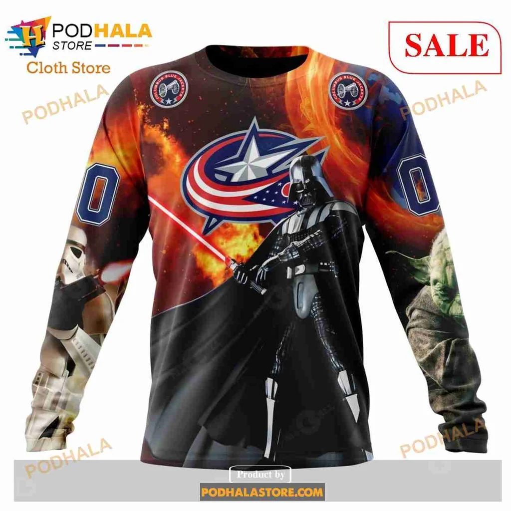 Cool Columbus Blue Jackets Star Wars Hoodie Featuring Darth Vader And Flames - View 3 Cool Columbus Blue Jackets Star Wars Hoodie Featuring Darth Vader And Flames - View 3