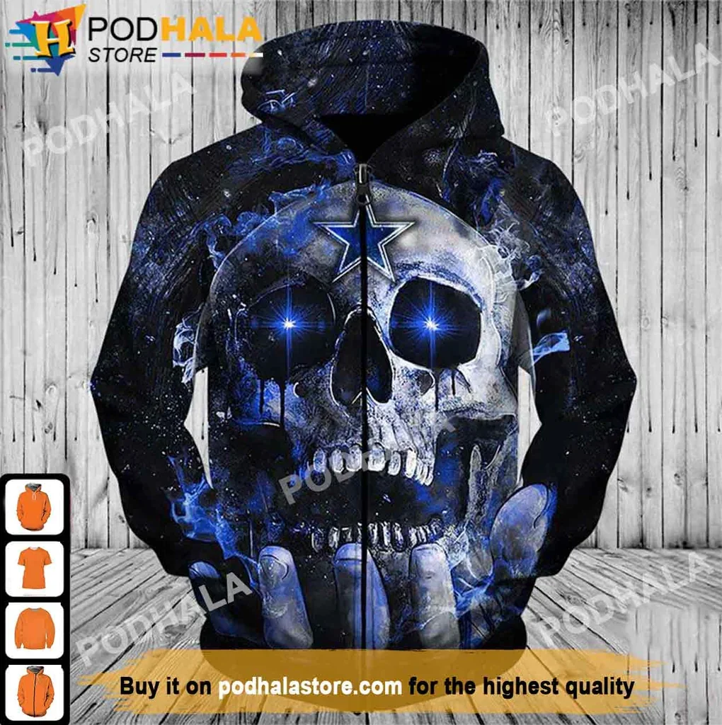 Cool Dallas Cowboys Skull 3d Hoodie With Glowing Blue Accents