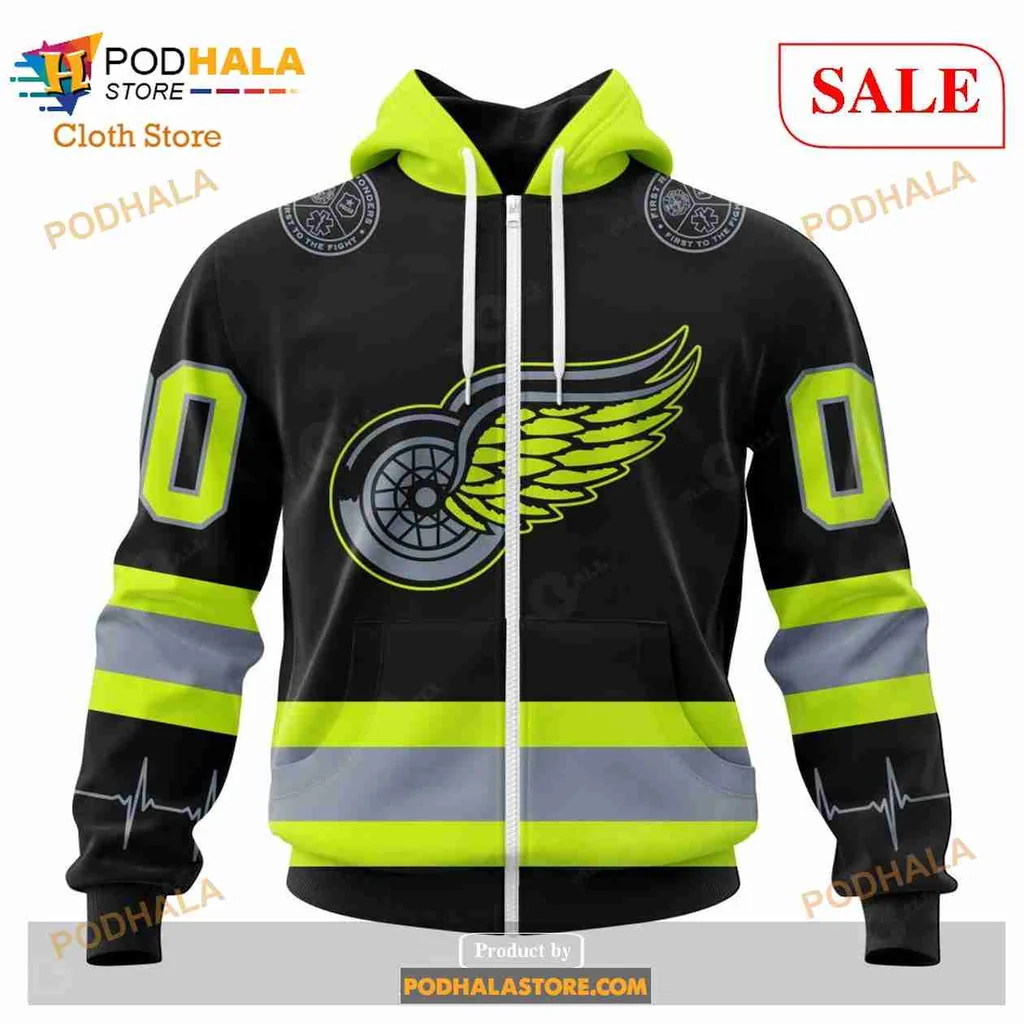 Cool Detroit Red Wings Firefighter Hoodie With Neon Accents And Custom Number - View 1 Cool Detroit Red Wings Firefighter Hoodie With Neon Accents And Custom Number - View 1