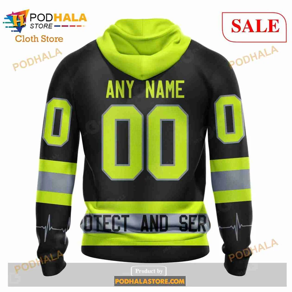 Cool Detroit Red Wings Firefighter Hoodie With Neon Accents And Custom Number - View 2 Cool Detroit Red Wings Firefighter Hoodie With Neon Accents And Custom Number - View 2