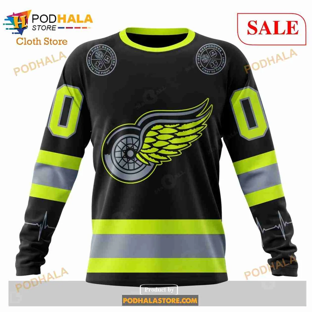 Cool Detroit Red Wings Firefighter Hoodie With Neon Accents And Custom Number - View 3 Cool Detroit Red Wings Firefighter Hoodie With Neon Accents And Custom Number - View 3