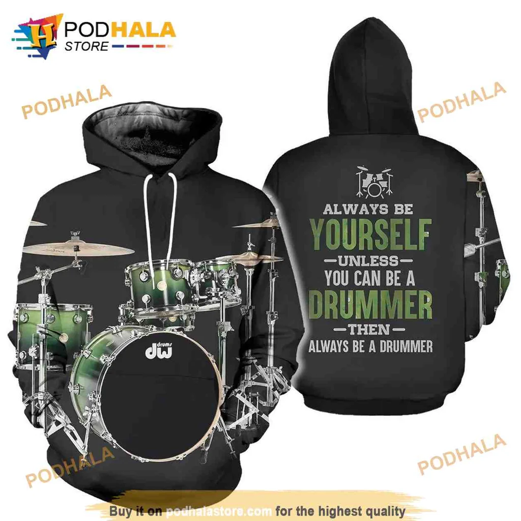 Cool Drummer Art 3d Hoodie Featuring Vibrant Green Drum Kit Design