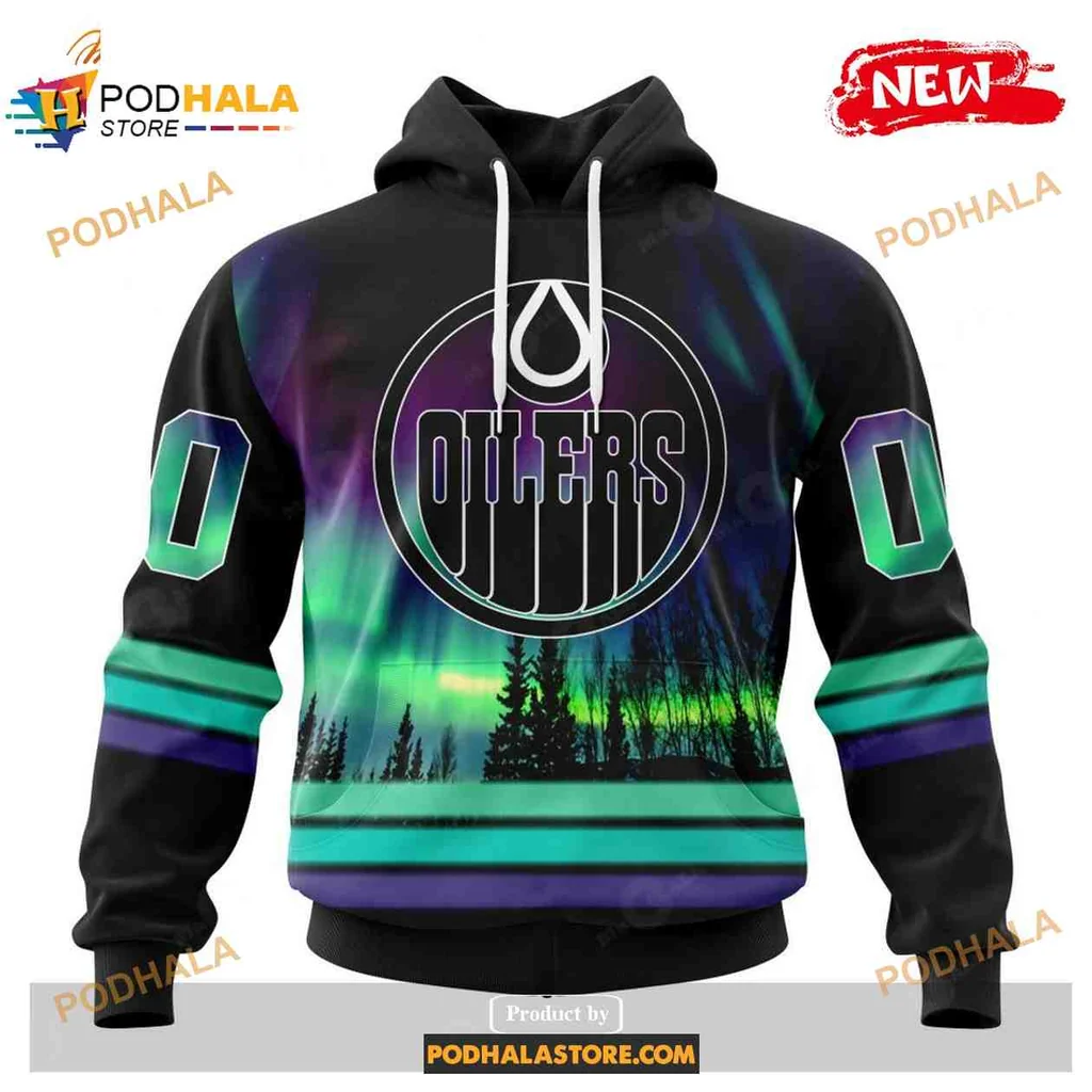 Cool Edmonton Oilers Northern Lights 3d Hoodie With Bold Emblem Design