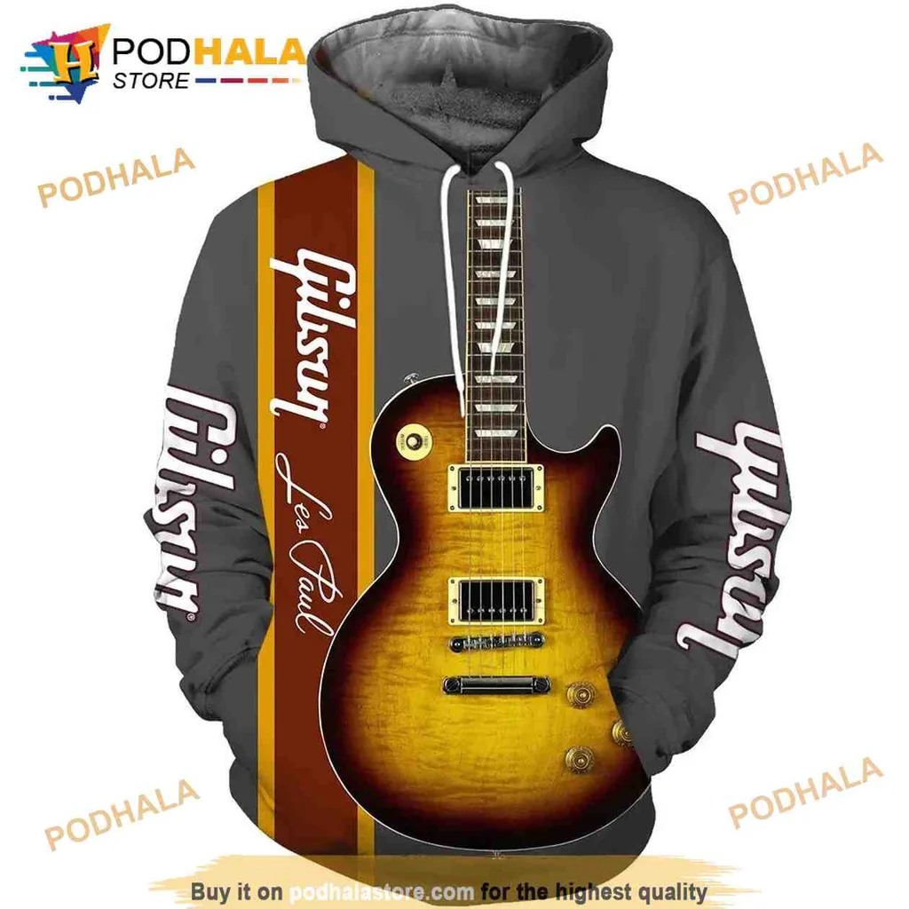 Cool Electric Guitar 3d Hoodie Featuring Bold Gibson Text Design