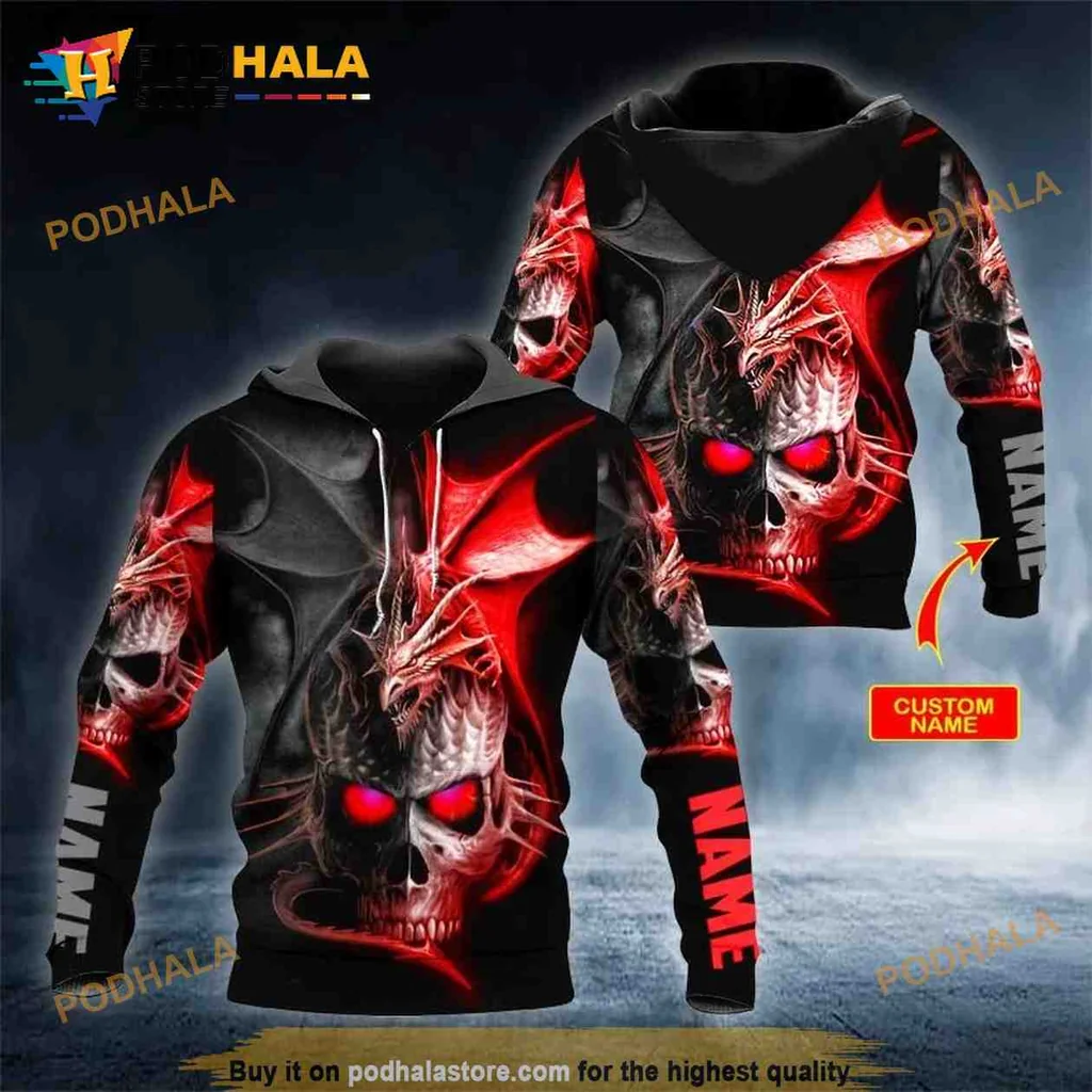 Cool Ghost Dragon Skull 3d Hoodie With Glowing Red Eyes And Dark Flames
