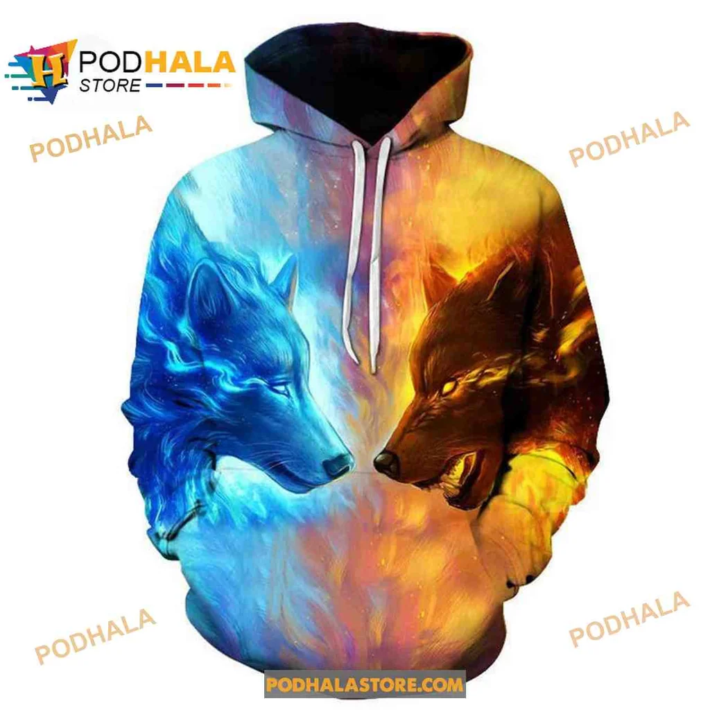 Cool Ice Fire Wolves 3d Hoodie Featuring Intense Duality Design