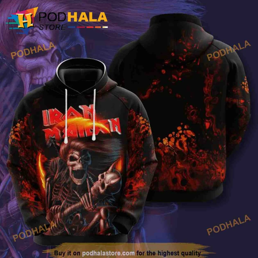 Cool Iron Maiden Skeleton Guitar 3d Hoodie With Bold Rock Aesthetic