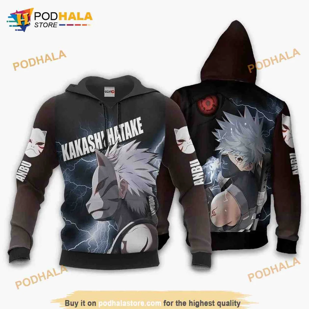 Cool Kakashi Hatake Anbu 3d Hoodie With Fierce Wolf Graphic And Sharingan
