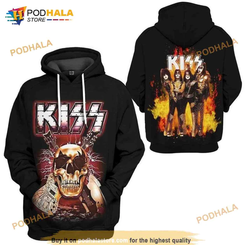 Cool Kiss Skull 3d Hoodie With Electric Guitar And Lightning Design
