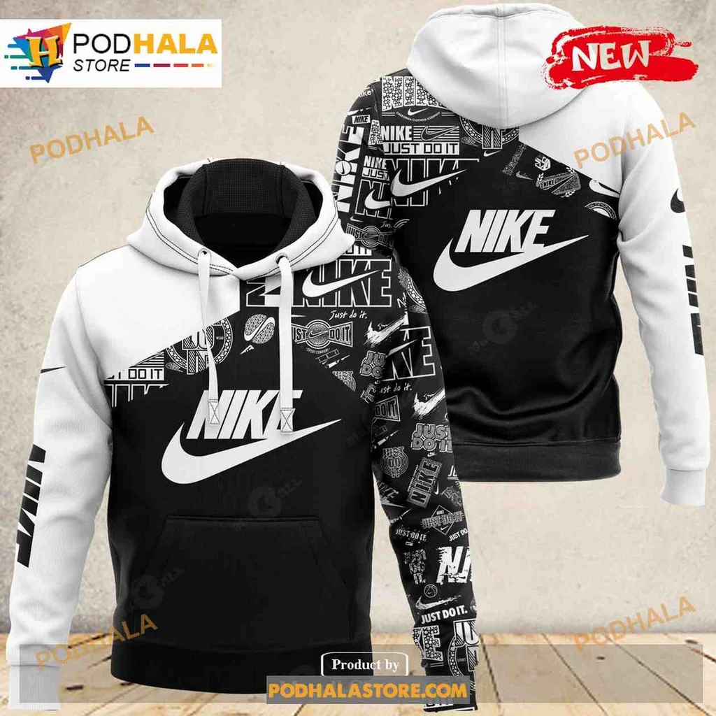 Cool Nike Black White 3d Hoodie With Bold Swoosh Logo Design