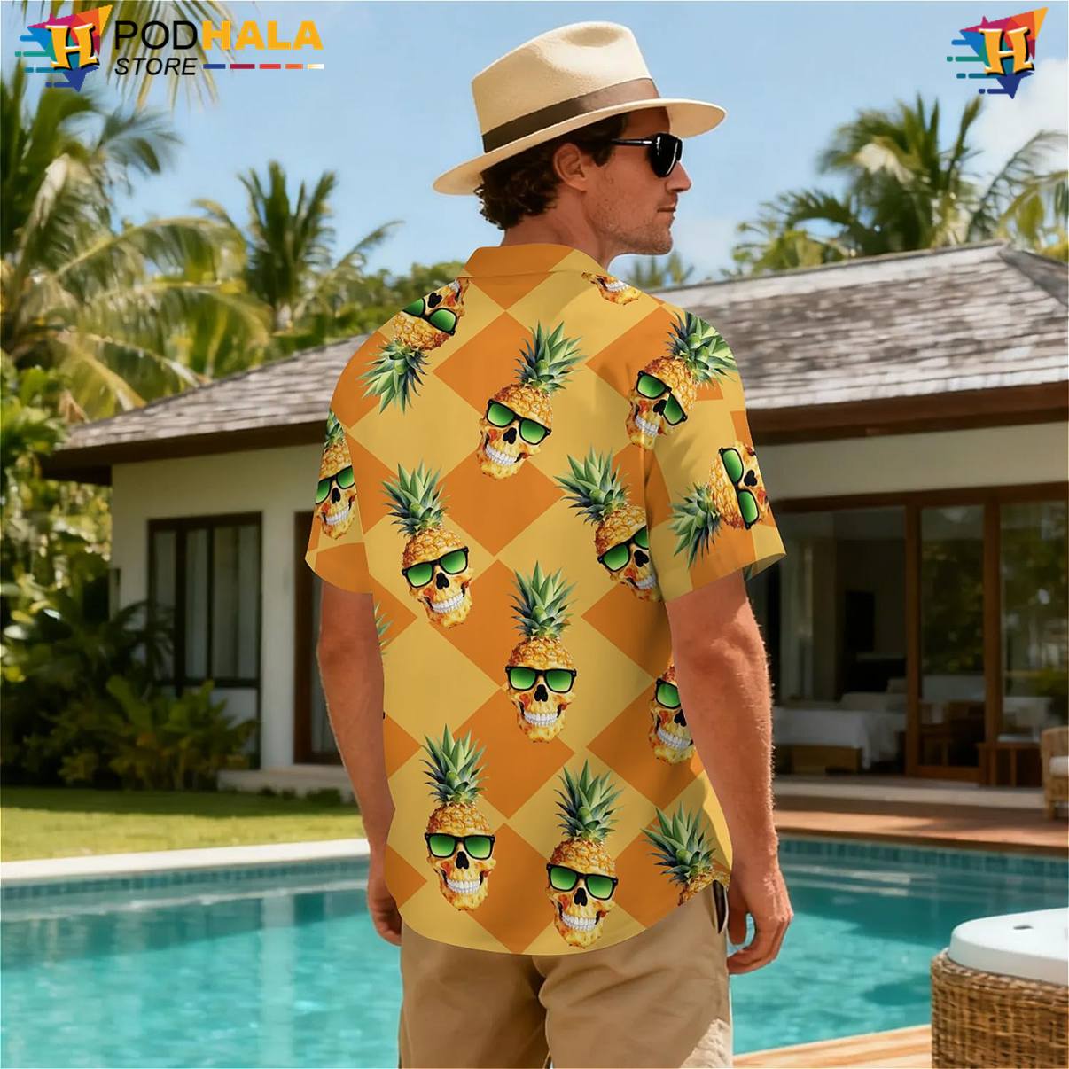 Cool Pineapple Skull Short-sleeve button-up shirt Mens Island Vibe Holiday Festival Gear Cool Pineapple Skull Short-sleeve button-up shirt Mens Island Vibe Holiday Festival Gear