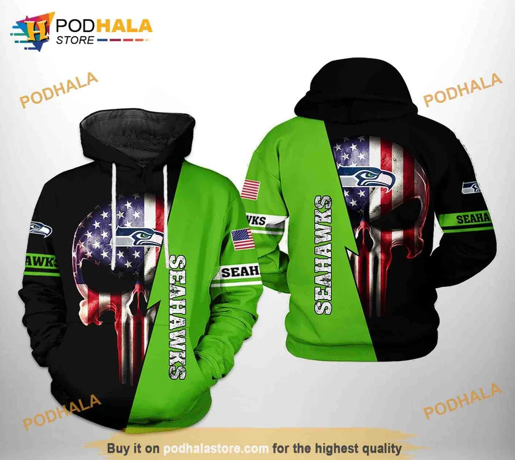 Cool Seattle Seahawks Skull 3d Hoodie With American Flag Design