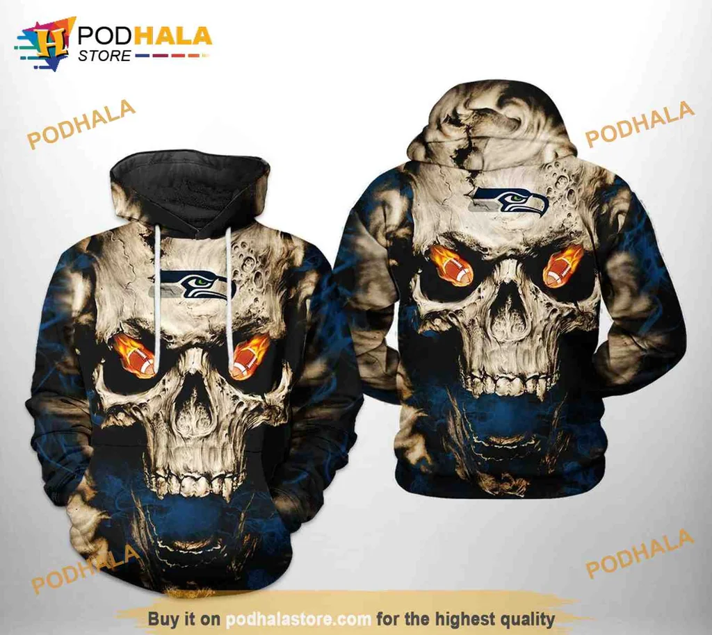 Cool Seattle Seahawks Skull 3d Hoodie With Glowing Eyes And Team Logo
