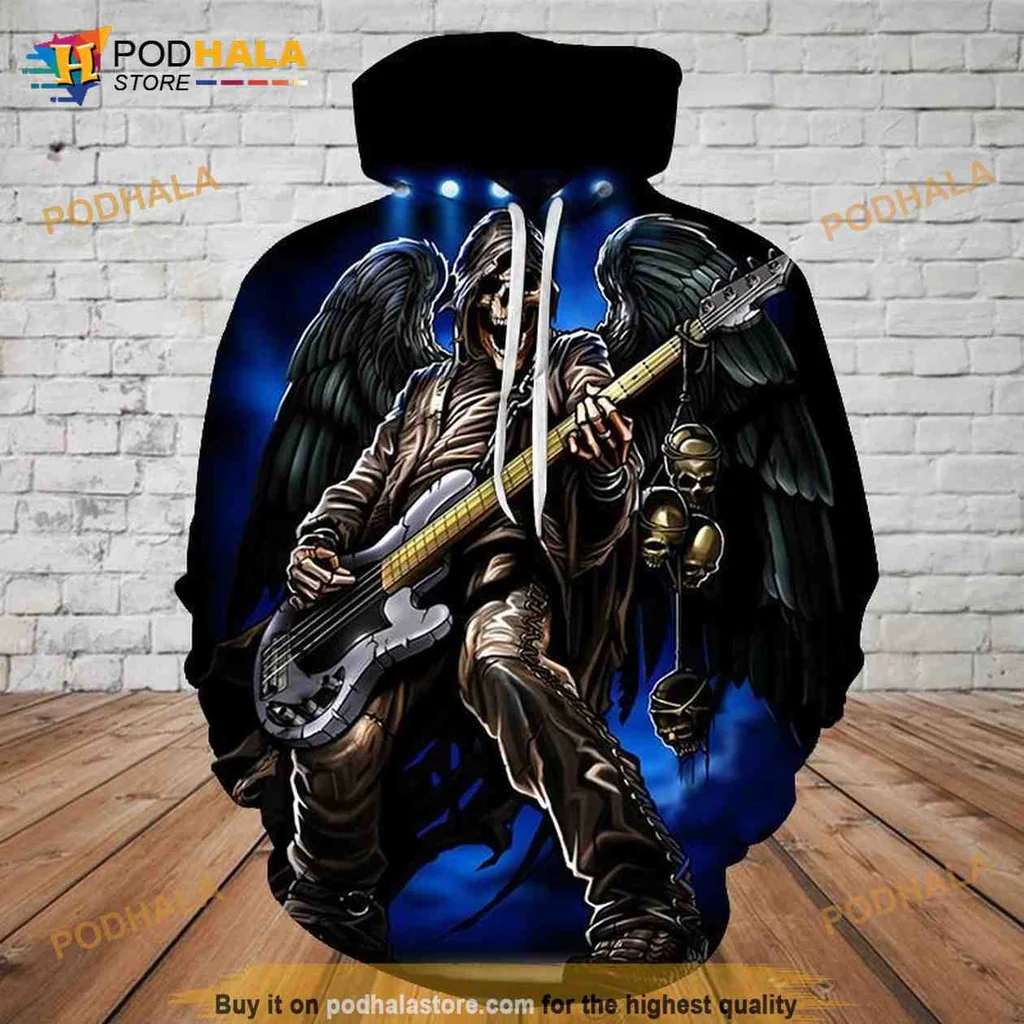 Cool Skeleton Electric Guitar 3d Hoodie With Wings And Blue Background