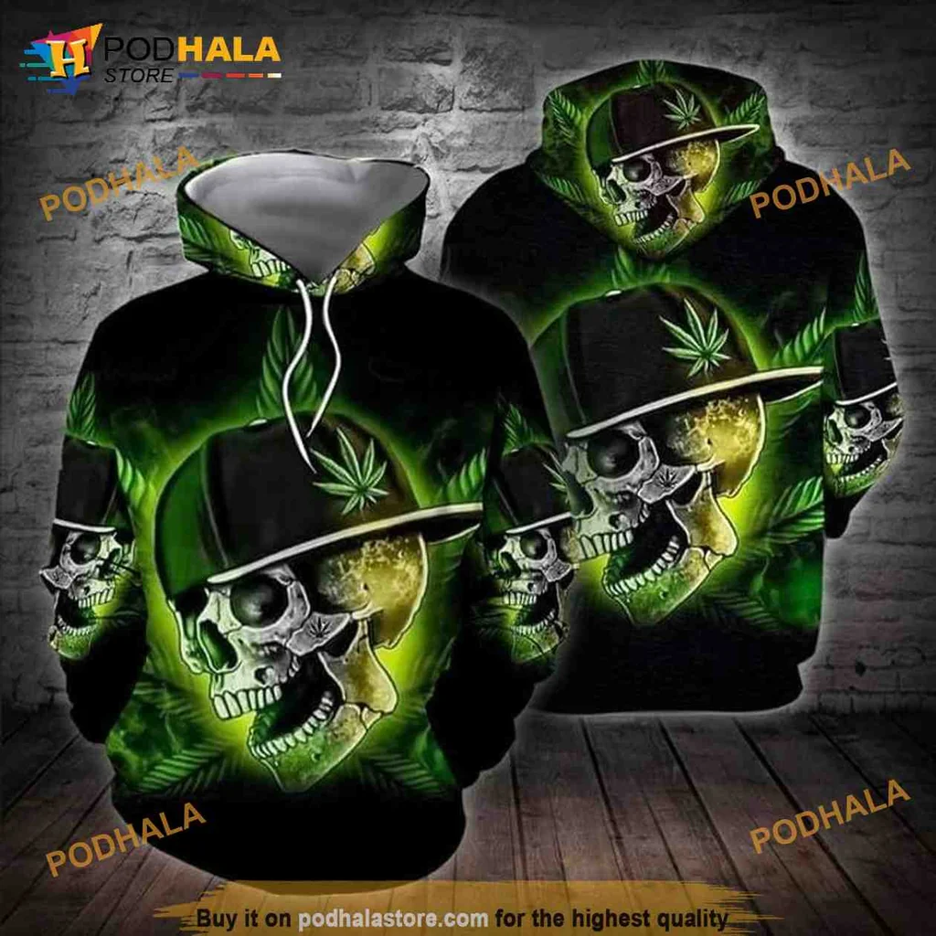 Cool Skull Marijuana Leaf 3d Hoodie With Glowing Green Accents