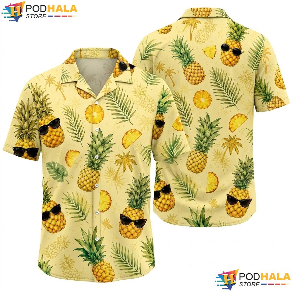 Cool Sunglasses Pineapple Hawaiian Shirt Vibrant Beachwear Summer Top