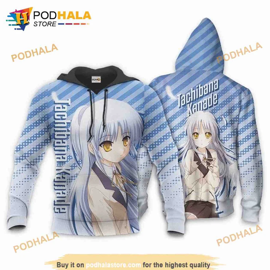Cool Tachibana Kanade Anime 3d Hoodie With Blue Striped Background