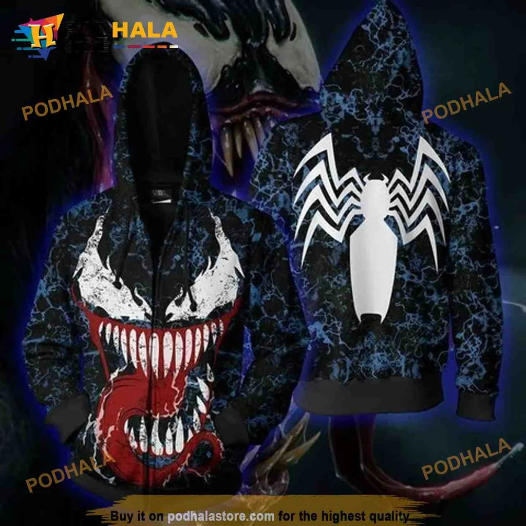 Cool Venom Symbiote Face 3d Hoodie Featuring Bold Red And Black Design