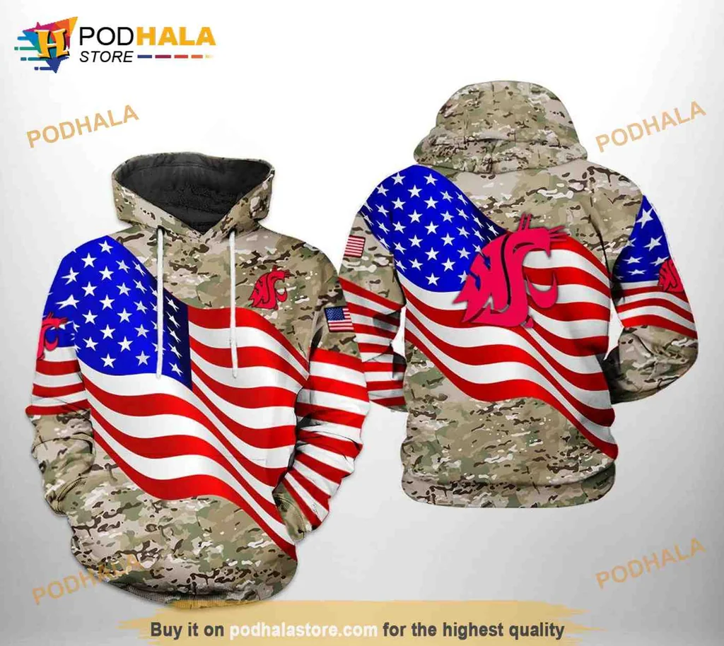 Cool Washington State Cougars 3d Hoodie With American Flag Camo Design