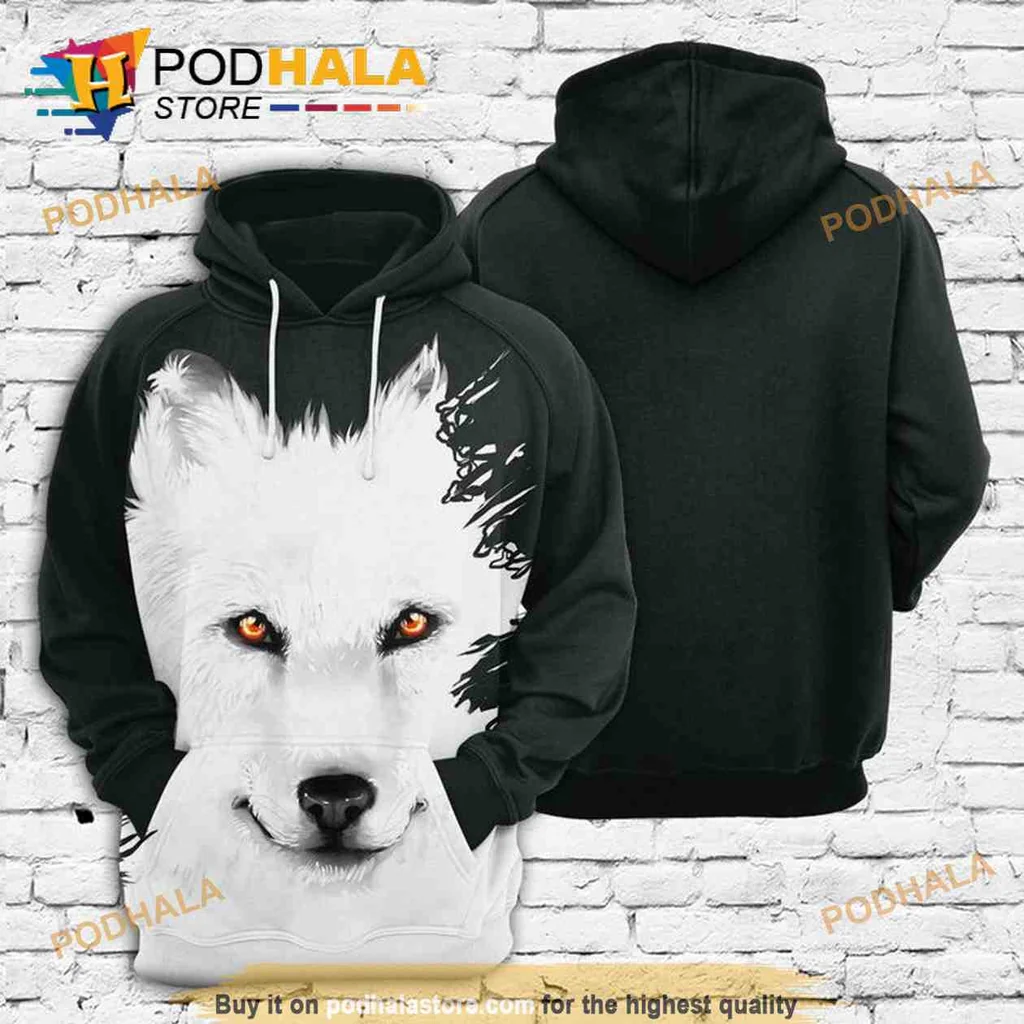 Cool White Wolf 3d Hoodie With Striking Orange Eyes Design