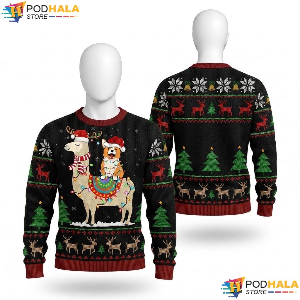 Corgi Riding Llama Ugly Christmas Sweater Funny Matching Holiday