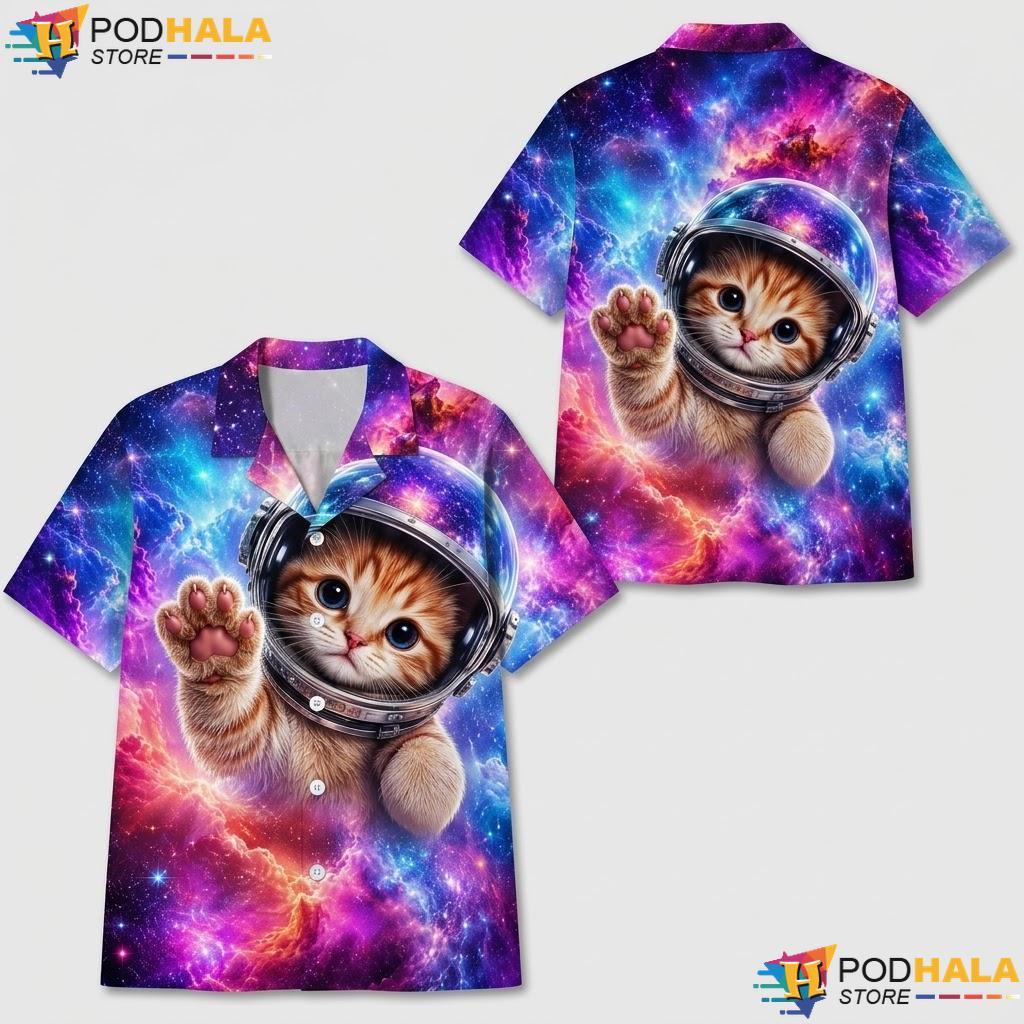 Cosmic Astronaut Cat Hawaiian Shirt Playful Beach Graphic Summer Top