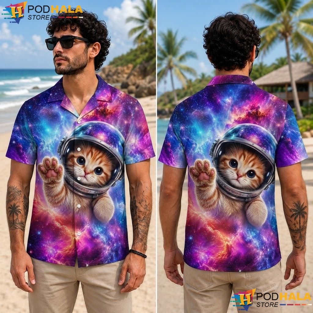 Cosmic Astronaut Cat Aloha Shirt Playful Beach Graphic Summer Top Cosmic Astronaut Cat Aloha Shirt Playful Beach Graphic Summer Top
