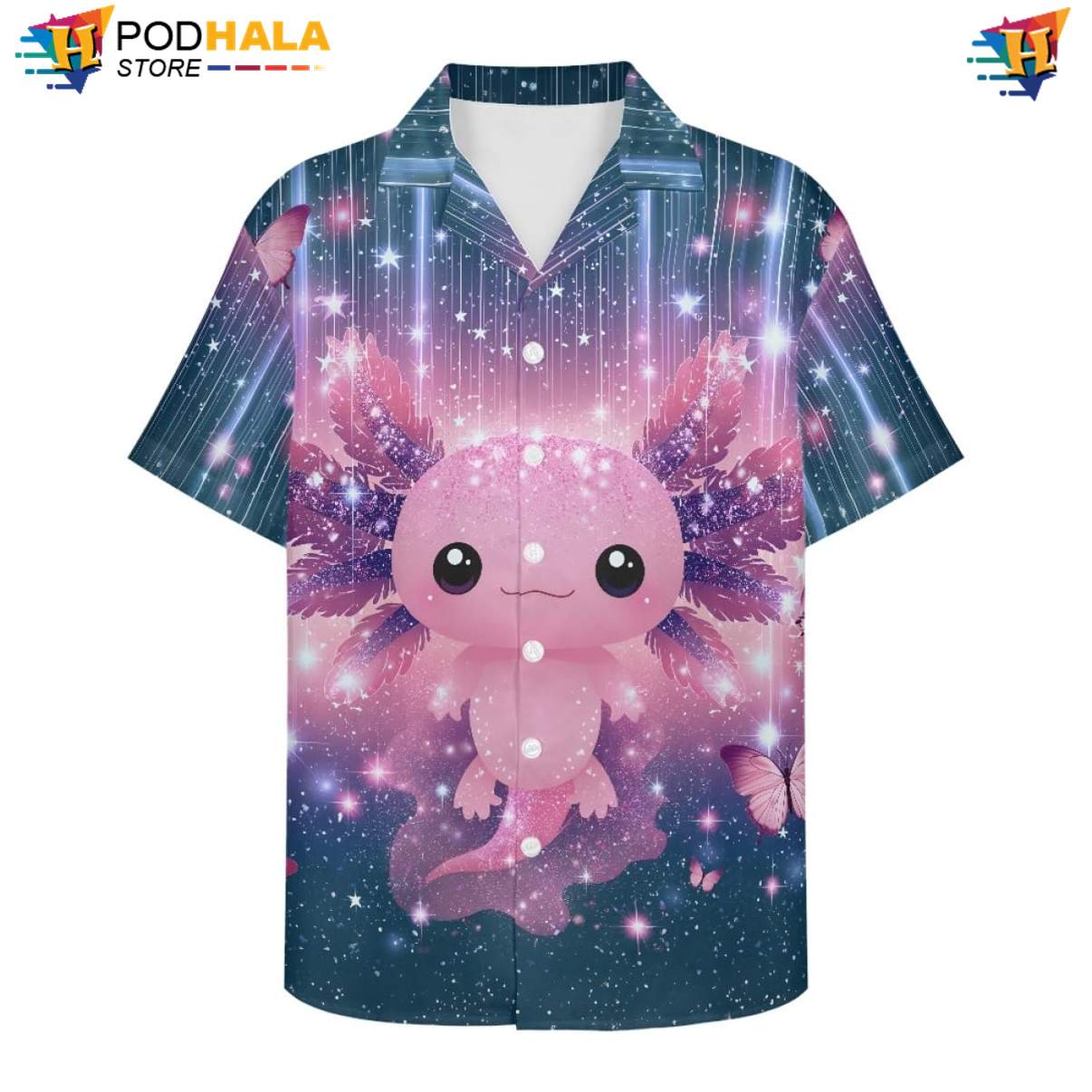 Cosmic Axolotl Aloha Shirt Mens Sun Galaxy Moon Print Casual Vacation Top
