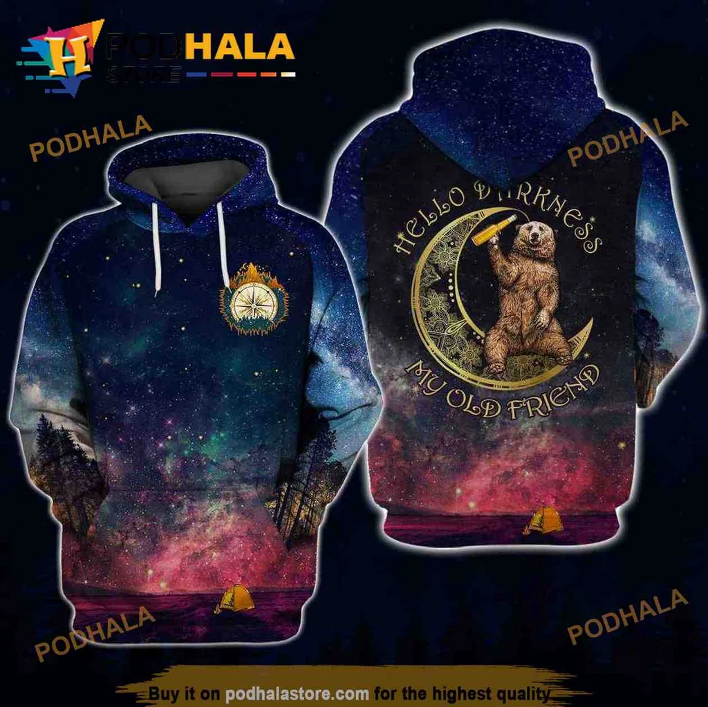 Cosmic Bear Camping 3d Hoodie, Hello Darkness My Old Friend Design