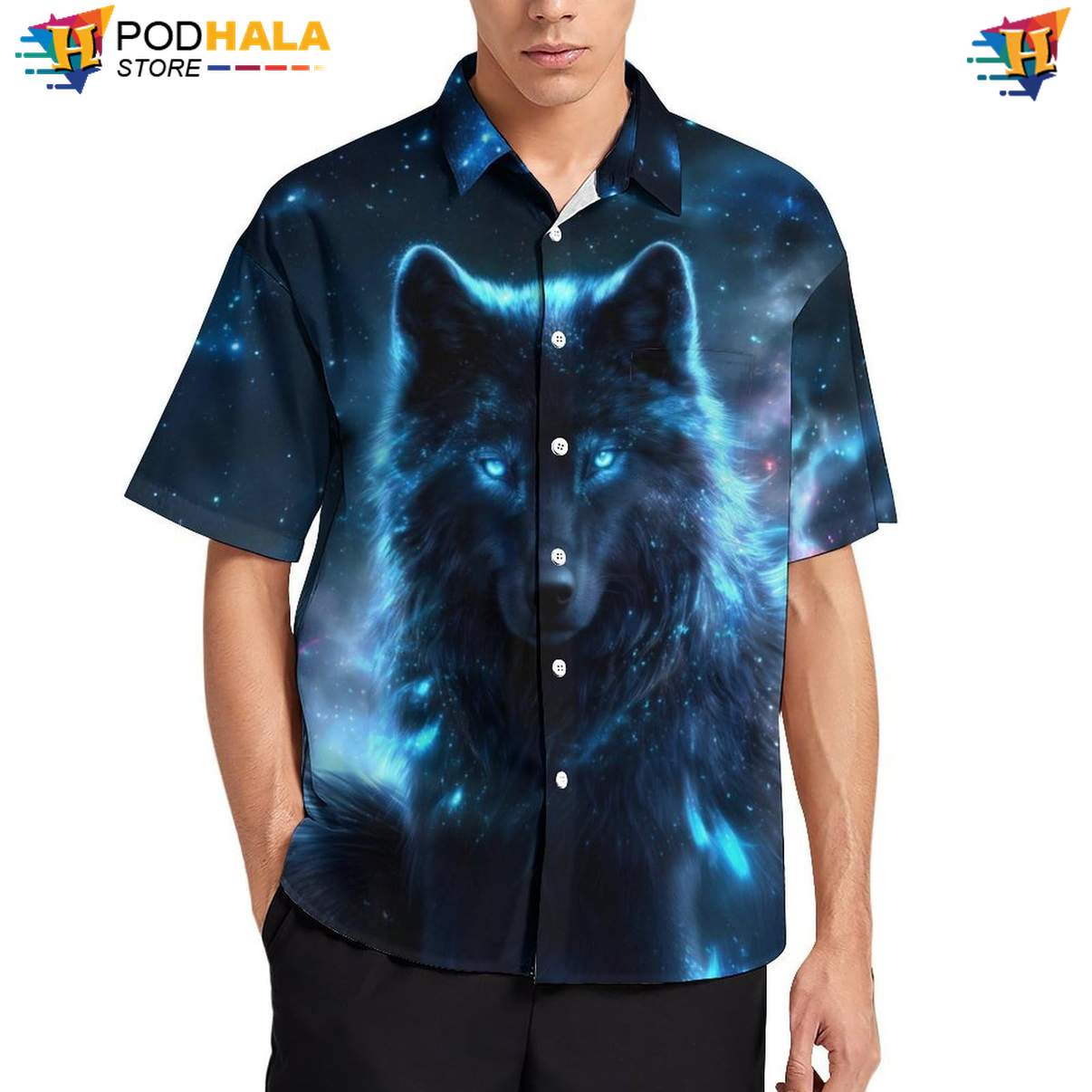 Cosmic Blue Wolf Hawaiian Shirt Mens Cool Print Casual Graphic Camp Gear