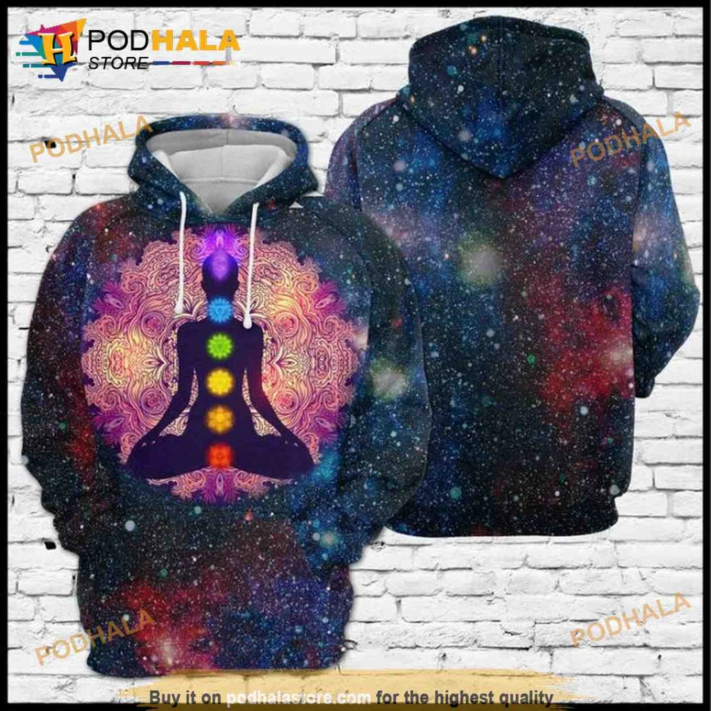 Cosmic Chakra Yoga 3d Hoodie Featuring Meditative Silhouette And Vibrant Colors