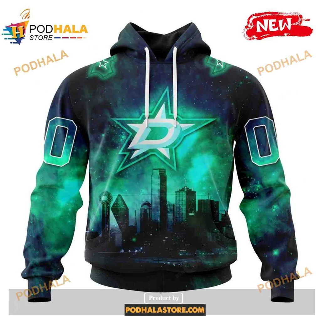 Cosmic Dallas Stars 3d Hoodie With City Skyline And Galaxy Design