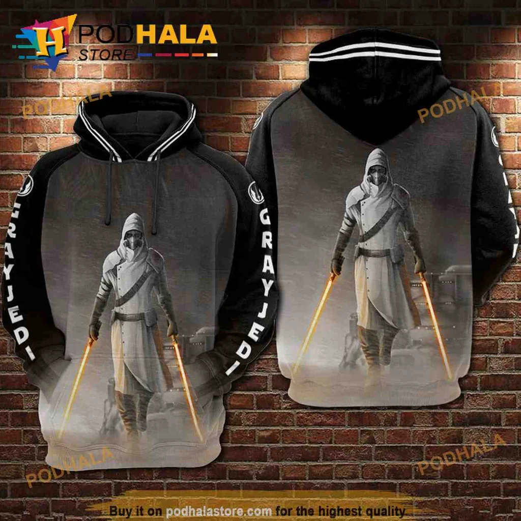 Cosmic Gray Jedi 3d Hoodie With Glowing Lightsabers And Starry Background