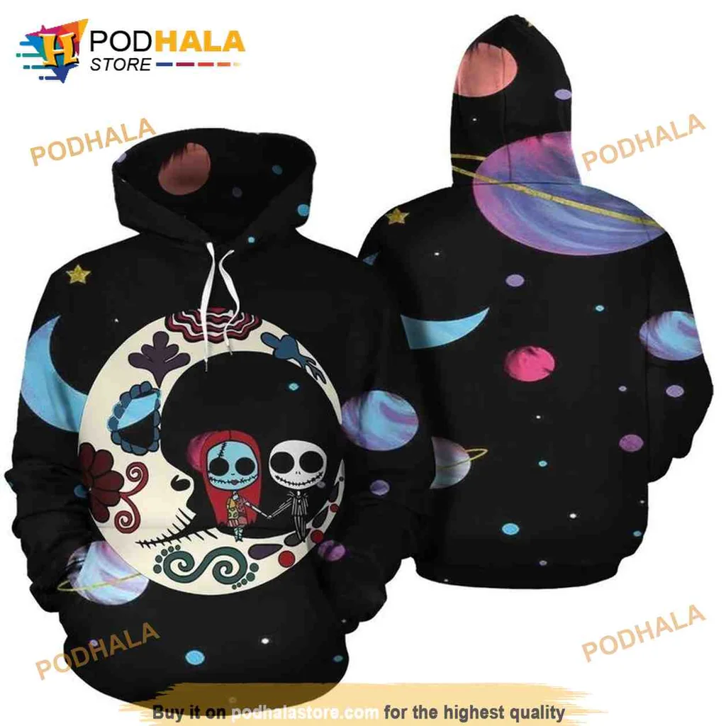 Cosmic Jack Skellington Sally 3d Hoodie, All Over Print Moon Design
