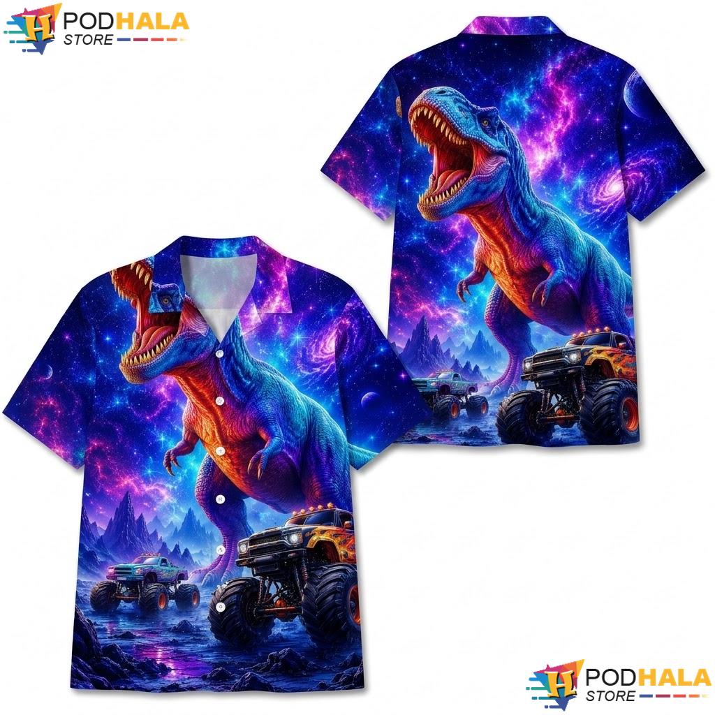 Cosmic T Rex Hawaiian Shirt Monster Truck Graphic Boys Summer Apparel