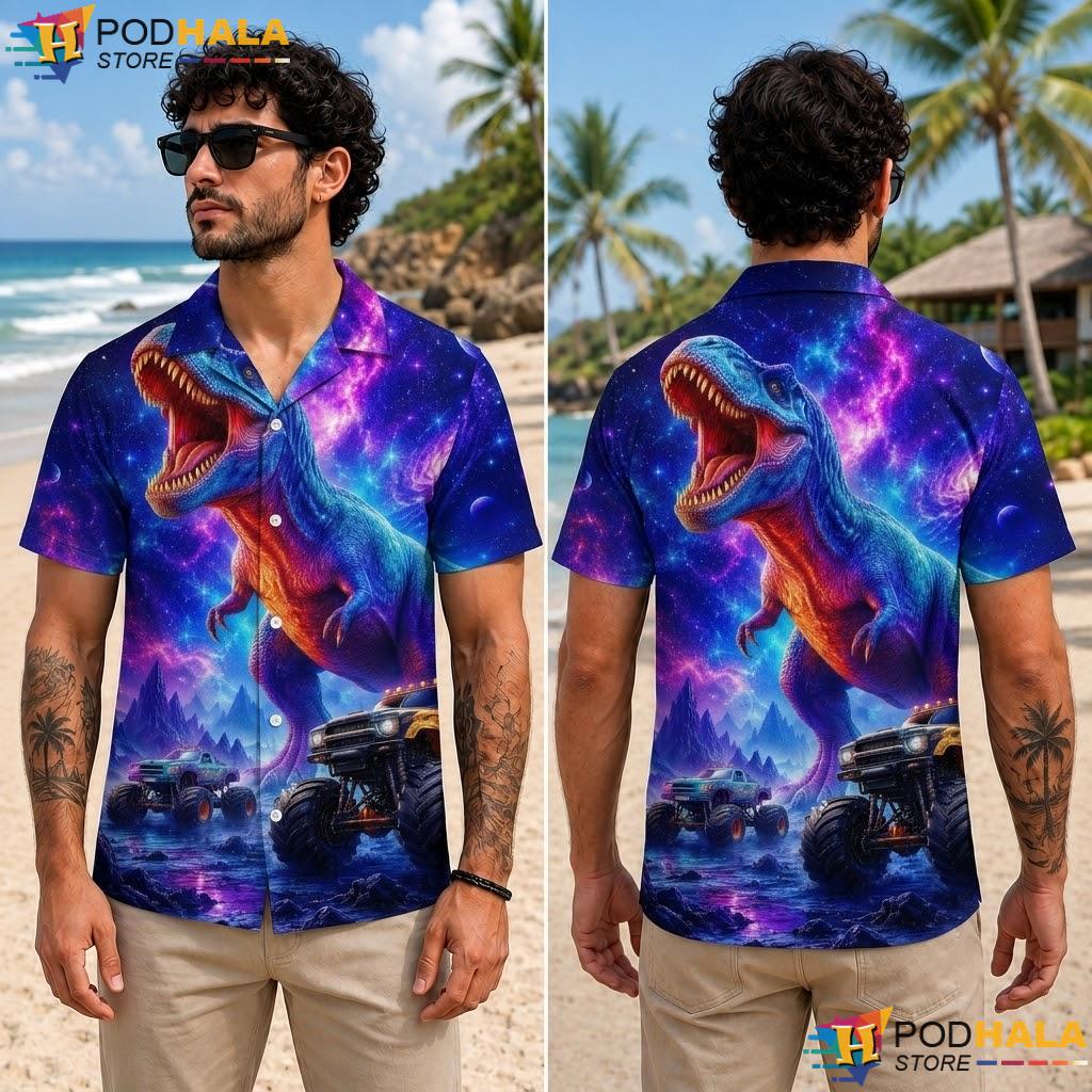 Cosmic T Rex Aloha Shirt Monster Truck Graphic Boys Summer Apparel Cosmic T Rex Aloha Shirt Monster Truck Graphic Boys Summer Apparel