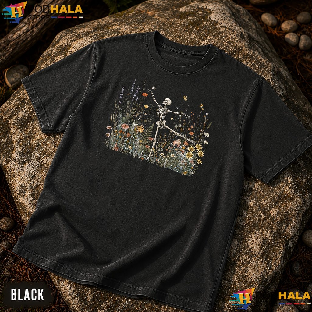 Cottagecore Dancing Skeleton Comfort Colors T-Shirt Botanical Wildflower Top