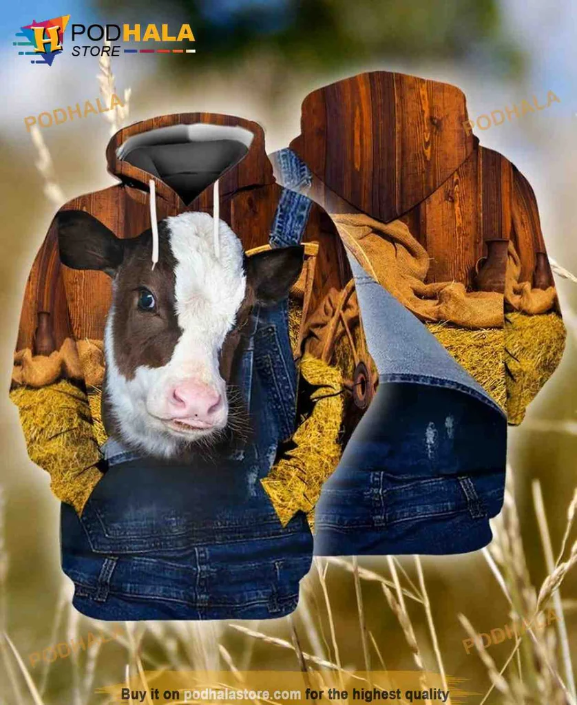 Cow Face Denim Overalls 3d Hoodie With Rustic Farm Design