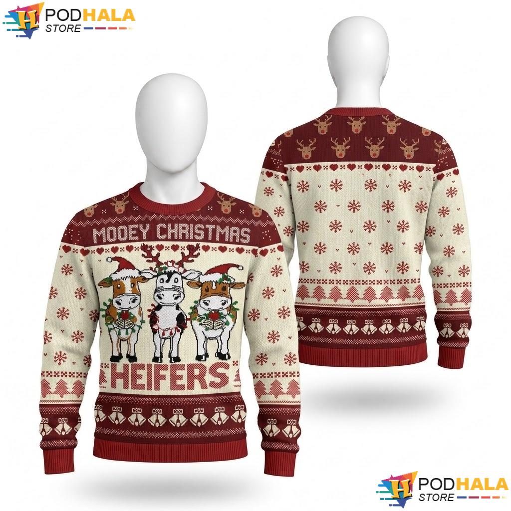Cow Heifers Knit Ugly Xmas Sweater Funny Mooey Christmas Pullover