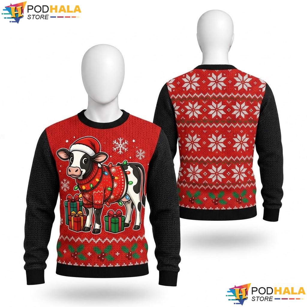 Cow Santa Lights Ugly Christmas Sweater Funny Animal Xmas Holiday Top