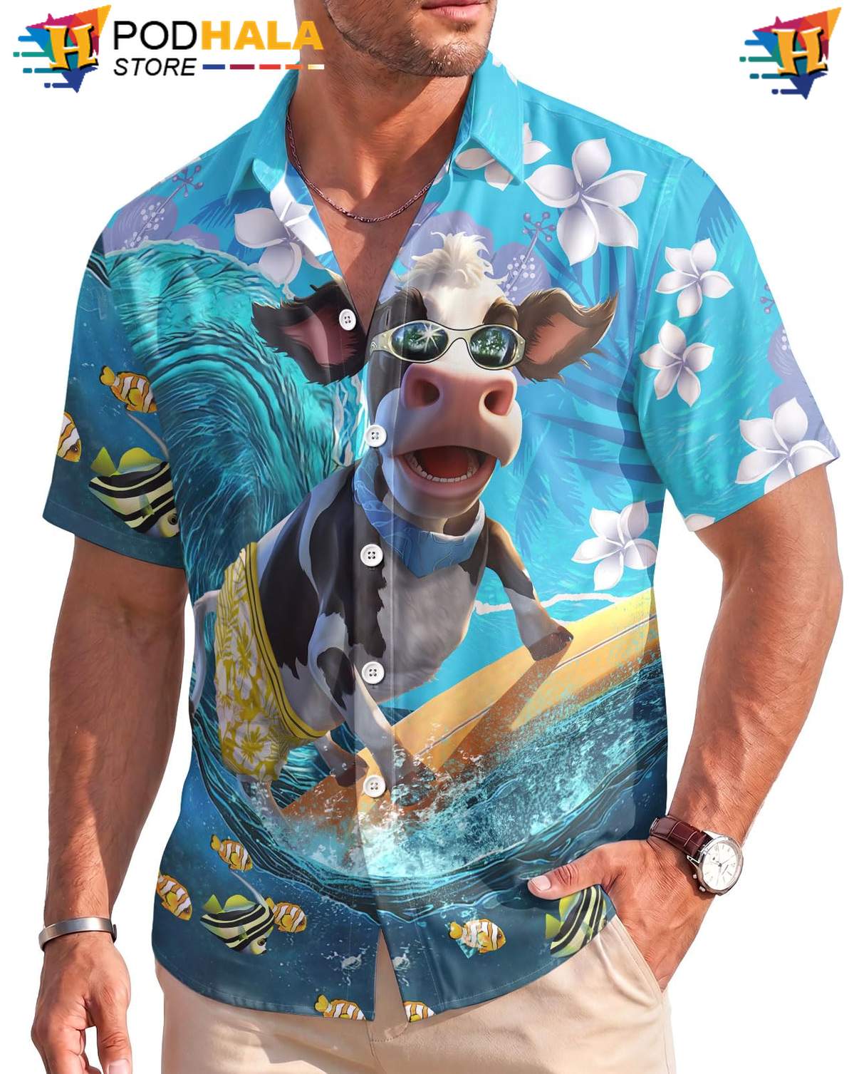 Cow Surfing Aloha Shirt Mens Tropical Button Down Lightweight Beachwear Top