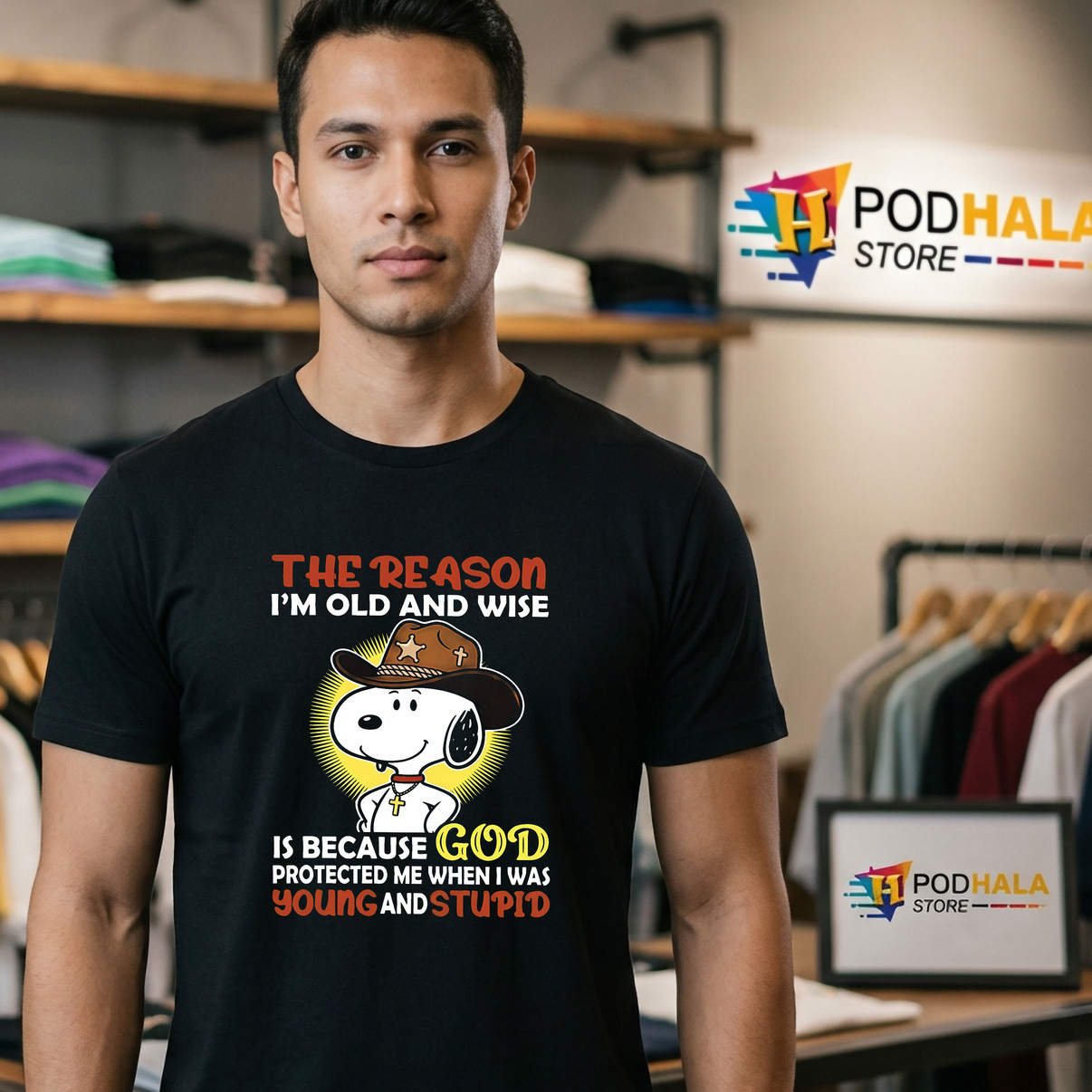 Cowboy Snoopy Reason Im Old Shirt Because God Protected Me Funny Graphic Mens