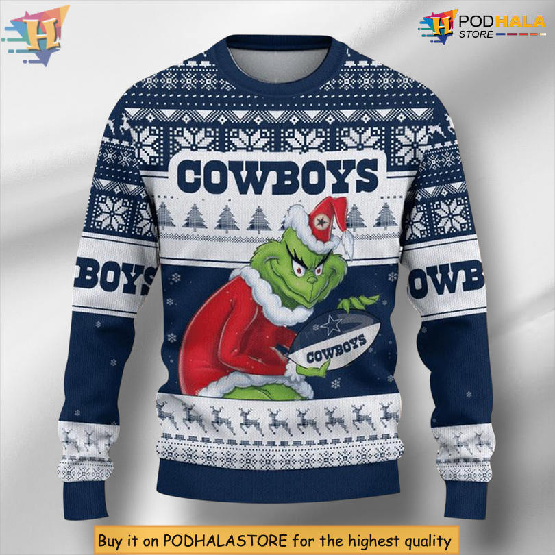 Cowboys Grinch Theme Football Team Holiday Scene Sports Fan Festive Christmas Sweater